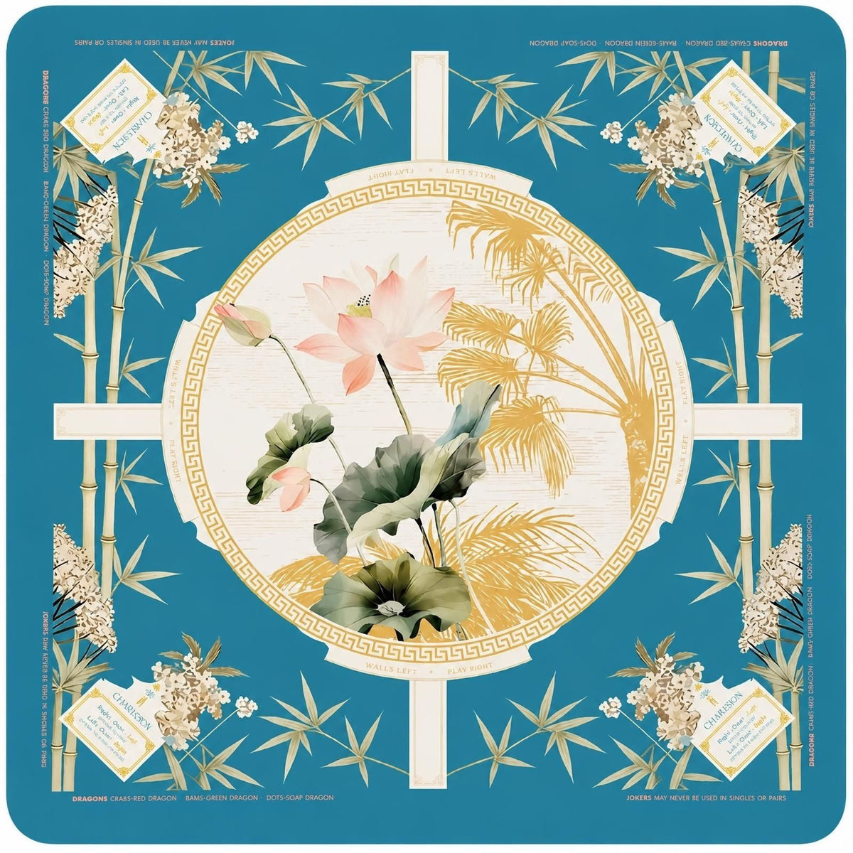 Teal Bamboo Lotus Mah Jongg Table Mat - Neoprene Table Cover 32x32