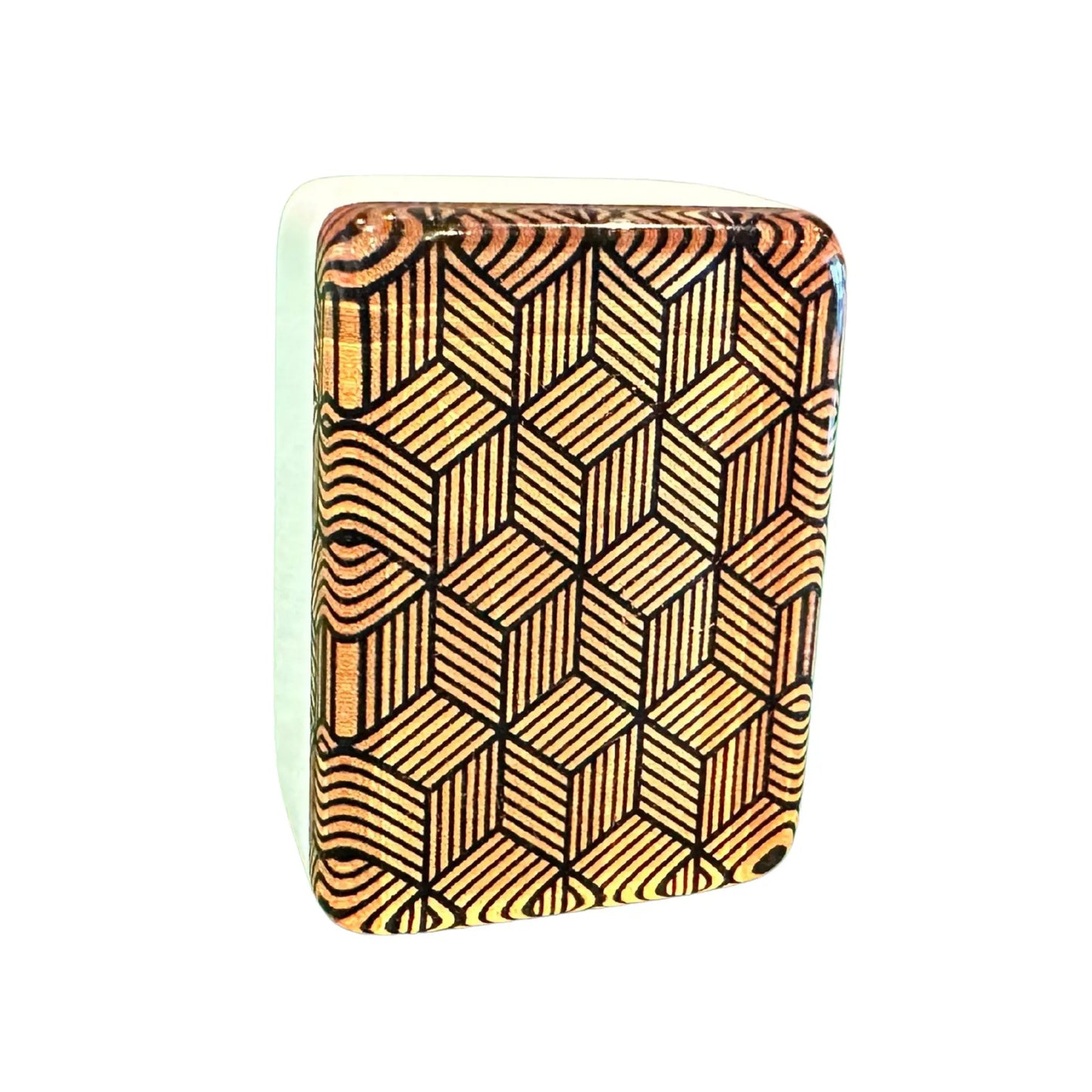 Metropolitan copper mah jongg tile with geometric patterned back and cream side profile 36MM