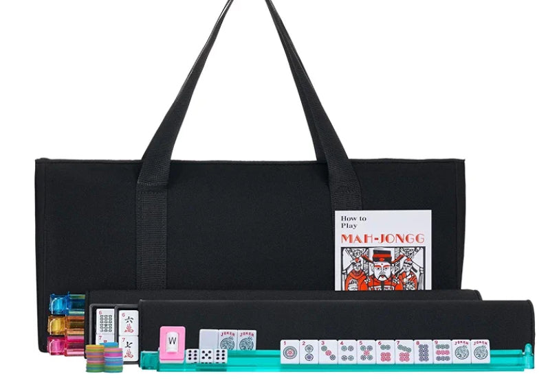 Complete American Mah Jongg set with 166 melamine tiles, colorful racks, dice, wind indicator, and black carrying bag