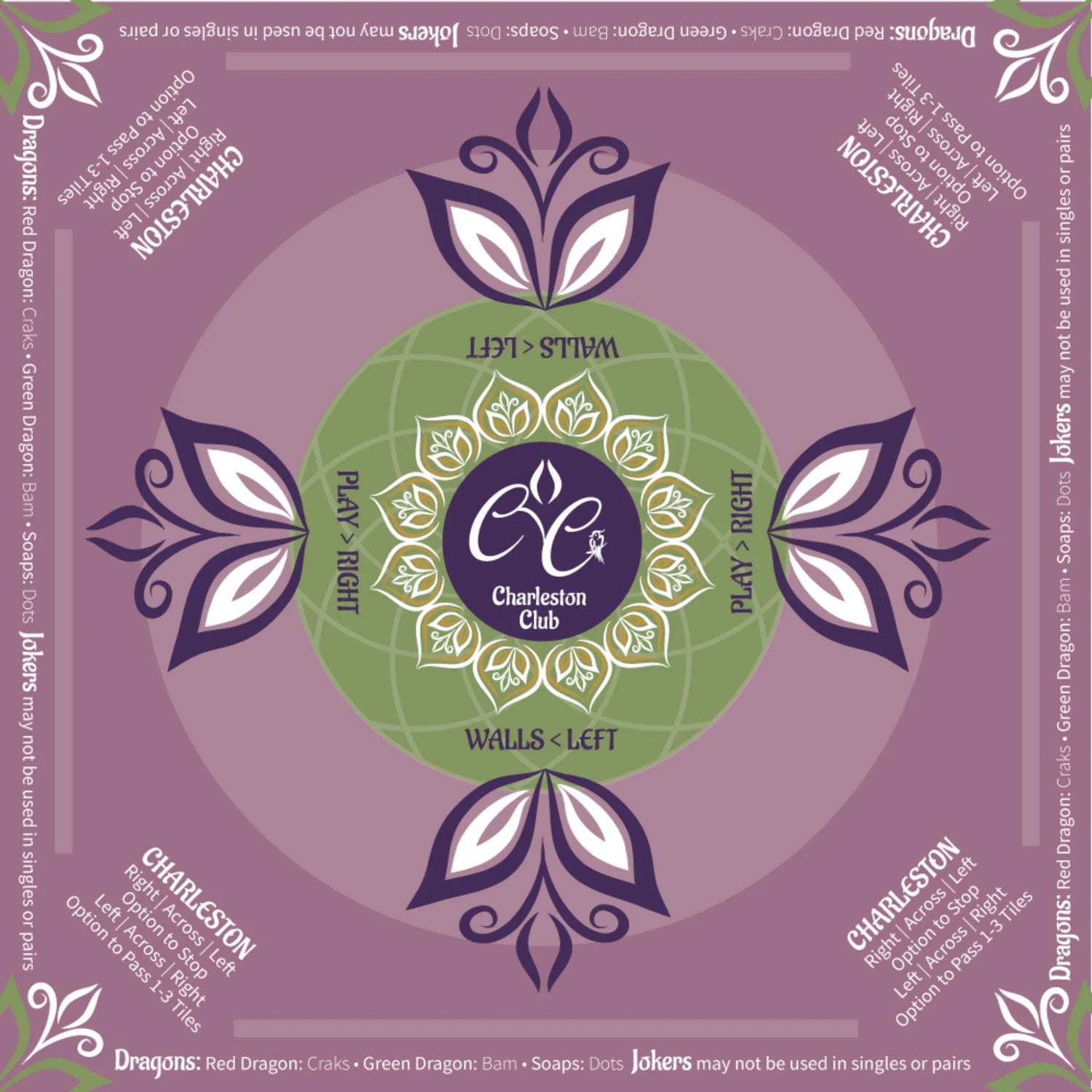 Charleston Club mah jongg mat with wind directions and decorative floral pattern