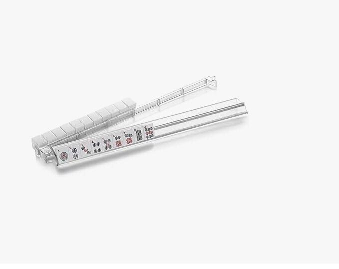 Two metal tongs with a white handle on a light gray background