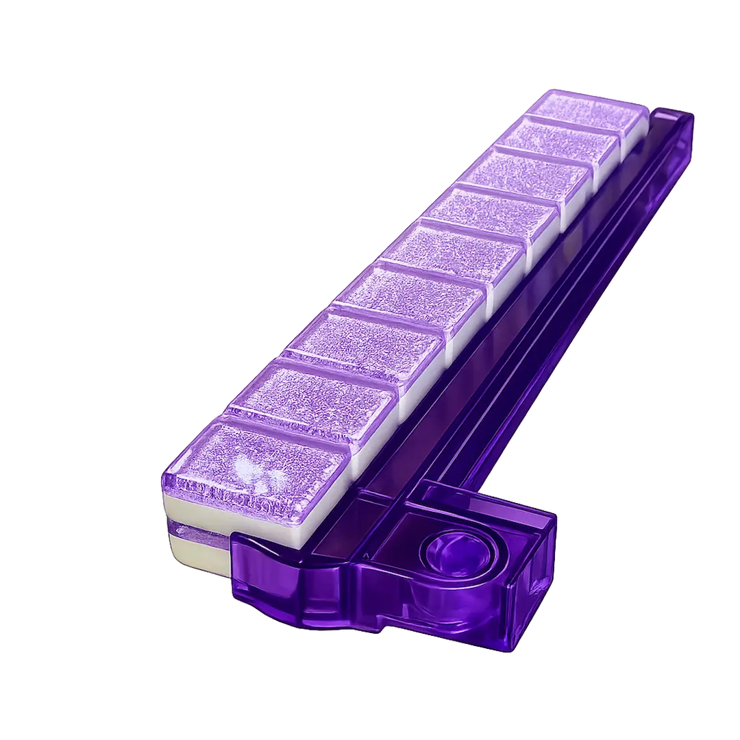 Purple tiles neatly stacked on a purple arcylic rac on a white background