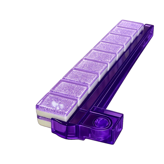 Purple tiles neatly stacked on a purple arcylic rac on a white background