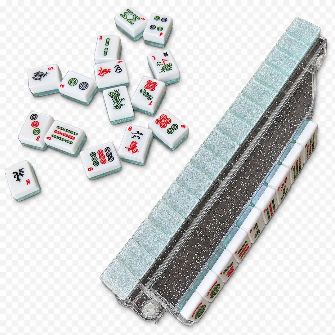 Set of sparkling aqua blue Mahjong tiles with a transparent background