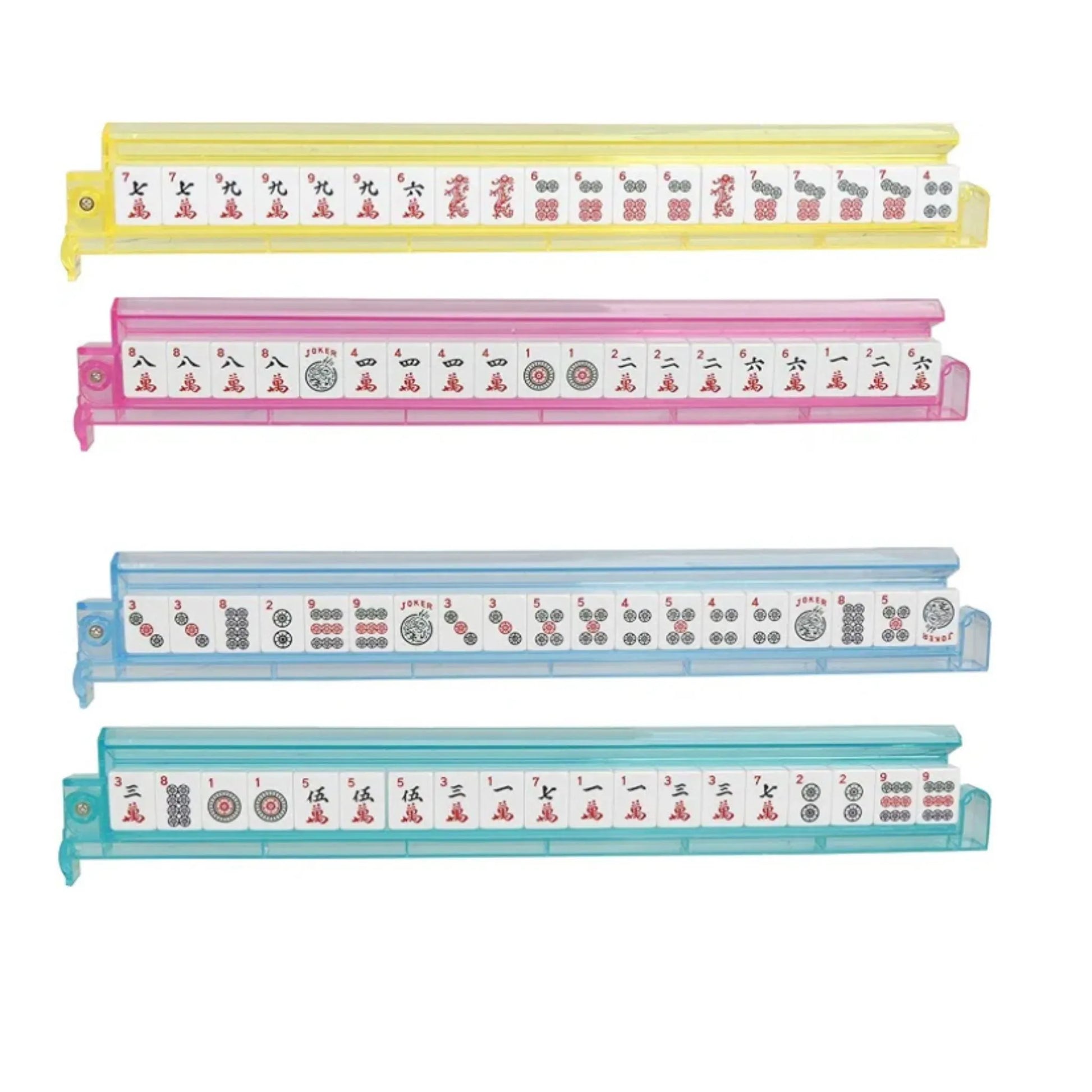 American mahjong set showing 166 white engraved tiles arranged in multi color all in one rack and pusher sets
