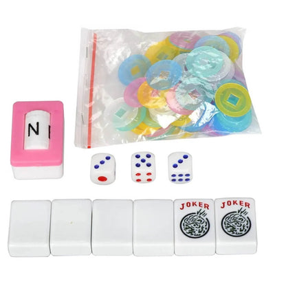 American mahjong set accessories including dice, chips, jokers, blank tiles, and wind indicator
