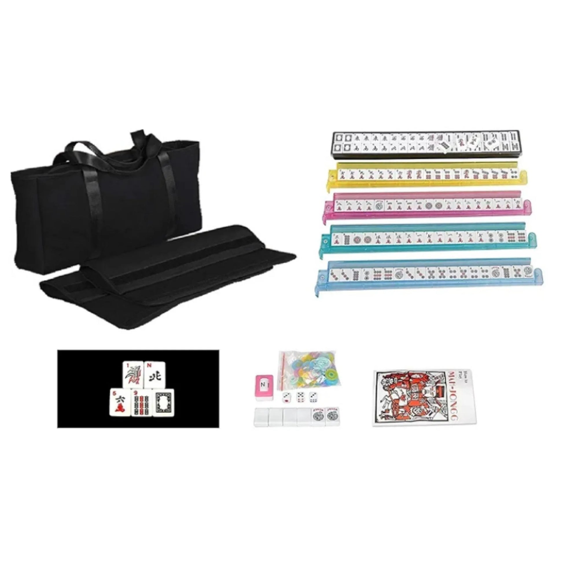 American mahjong set with black soft bag, multicolor rack and pusher sets, tiles, dice, chips, and accessories
