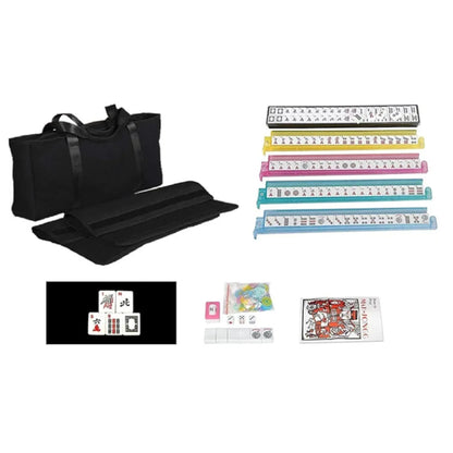 American mahjong set with black soft bag, multicolor rack and pusher sets, tiles, dice, chips, and accessories
