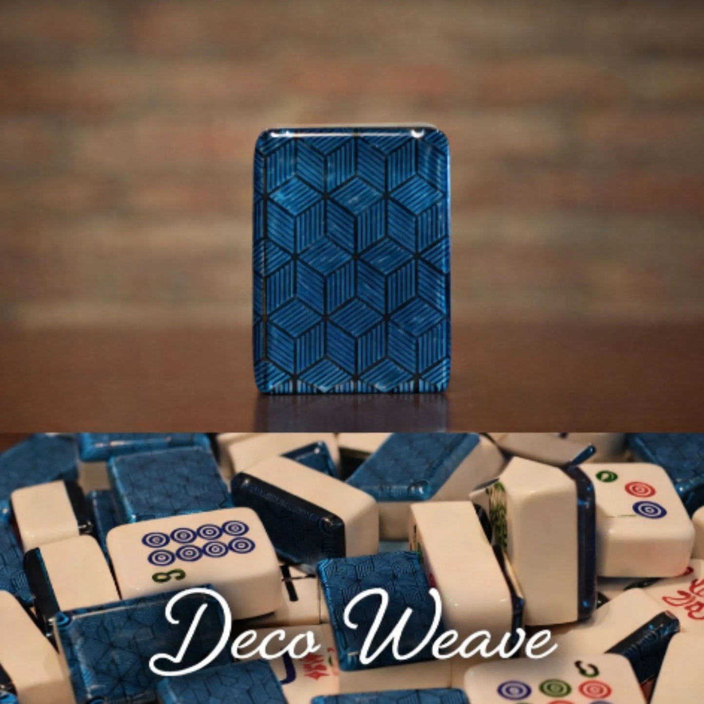 Lifestyle collage of blue deco weave automatic mah jongg tiles featuring a single tile walls and a mixed pile.