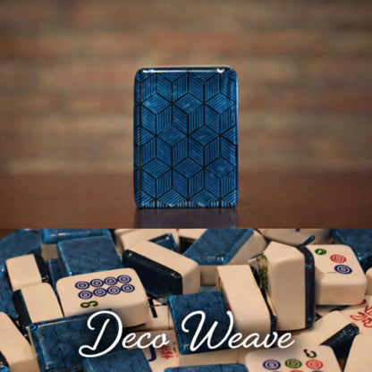 Lifestyle collage of blue deco weave automatic mah jongg tiles featuring a single tile walls and a mixed pile.