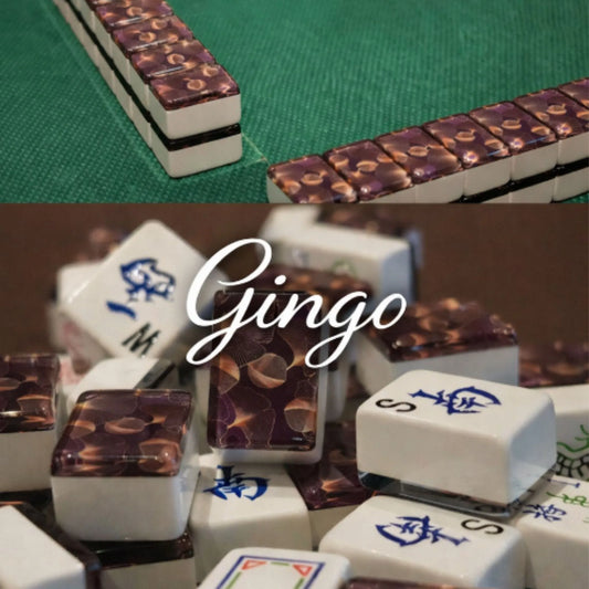 Lifestyle collage of gingo automatic mah jongg tiles featuring table setup, mixed pile, and single tile views.