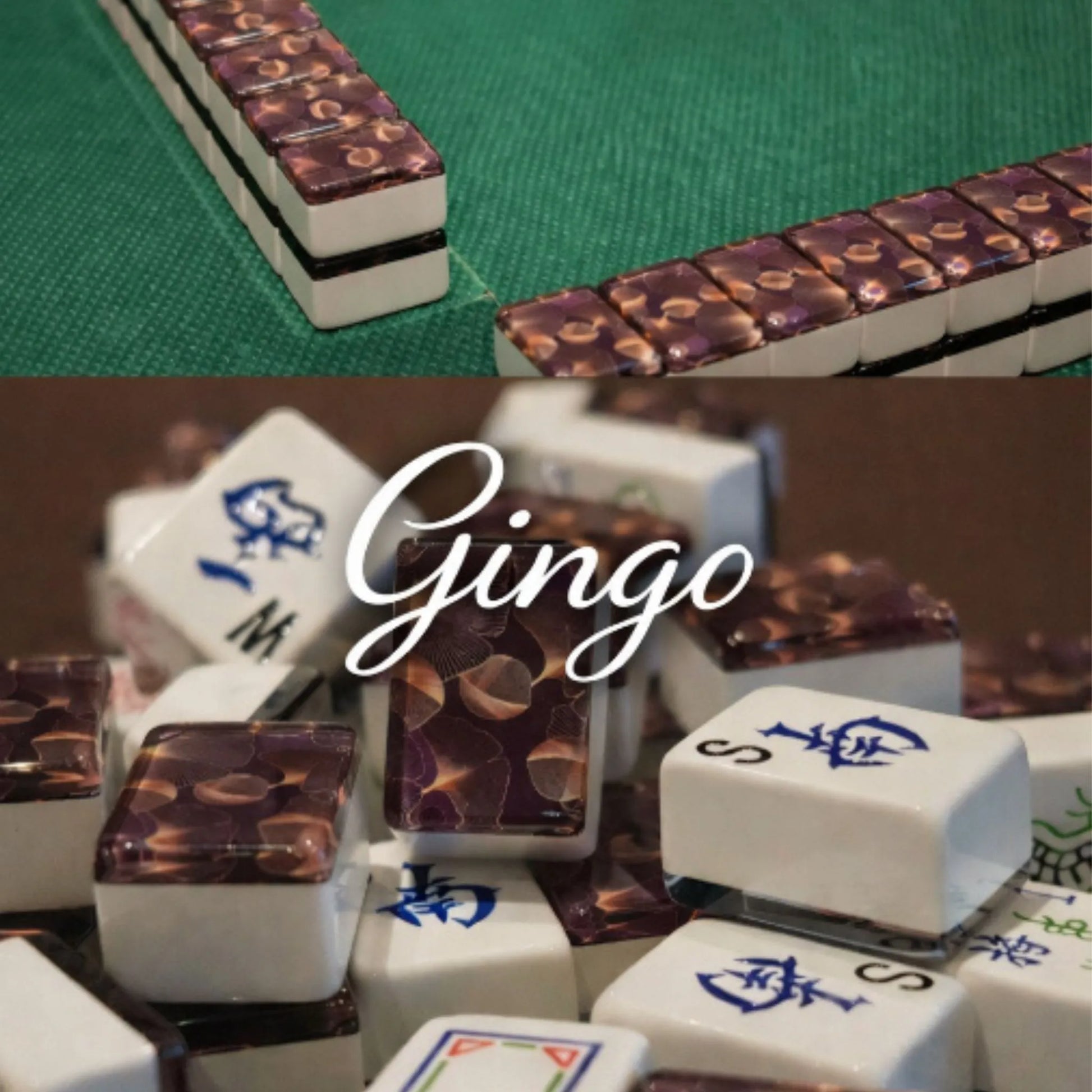 Lifestyle collage of gingo automatic mah jongg tiles featuring table setup, mixed pile, and single tile views.