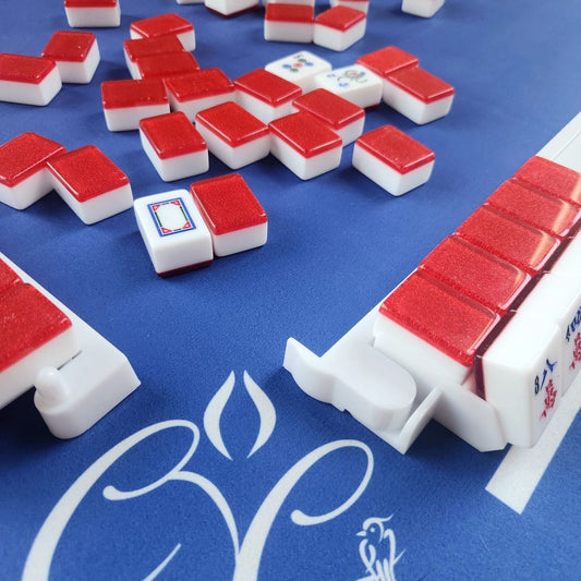 Mah Jongg Red, White & Blue Bundle - Red Sparkle Tiles (36MM), Blue Mat, White Racks