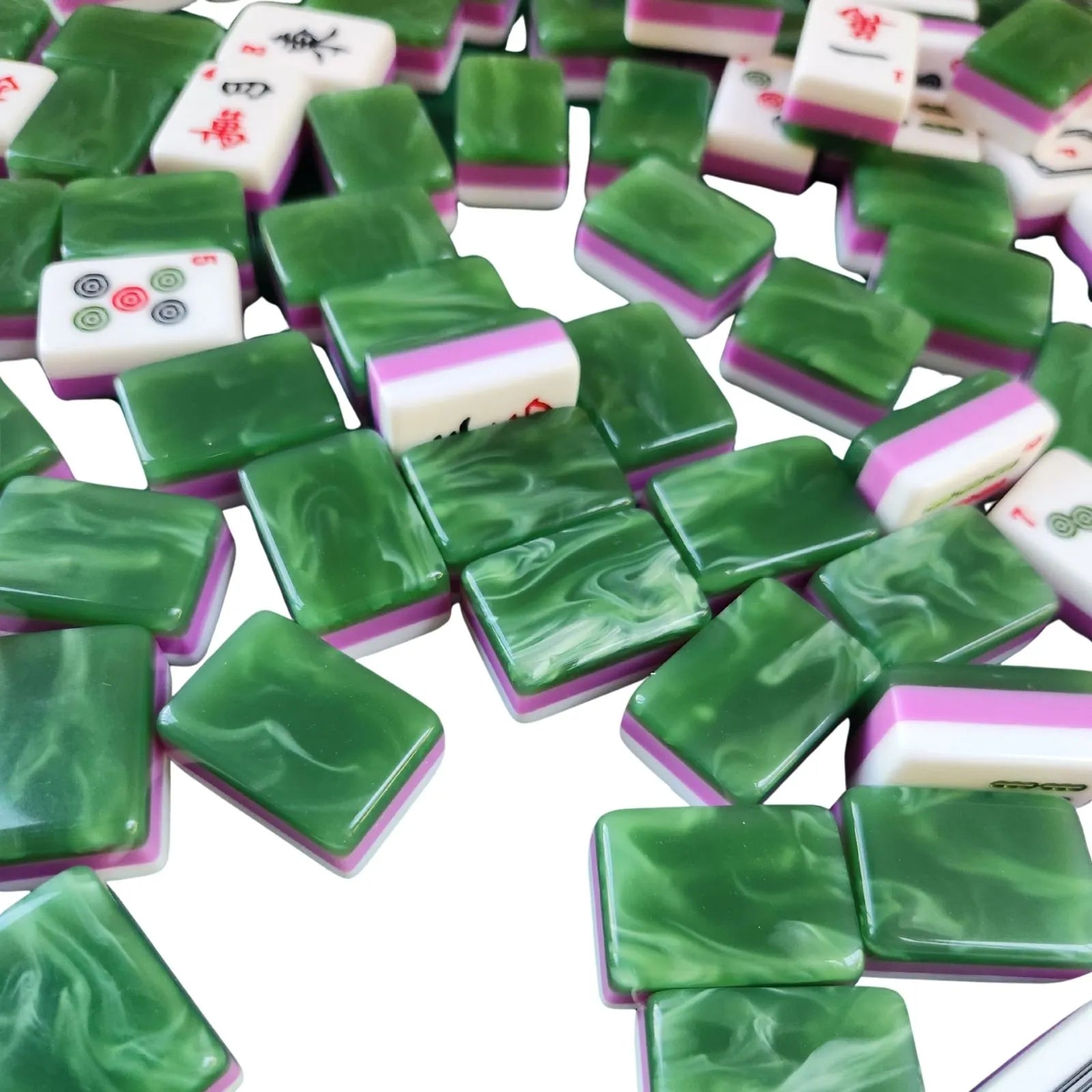 Jade 30MM American Mah Jongg tiles with marbled green backs on a white background