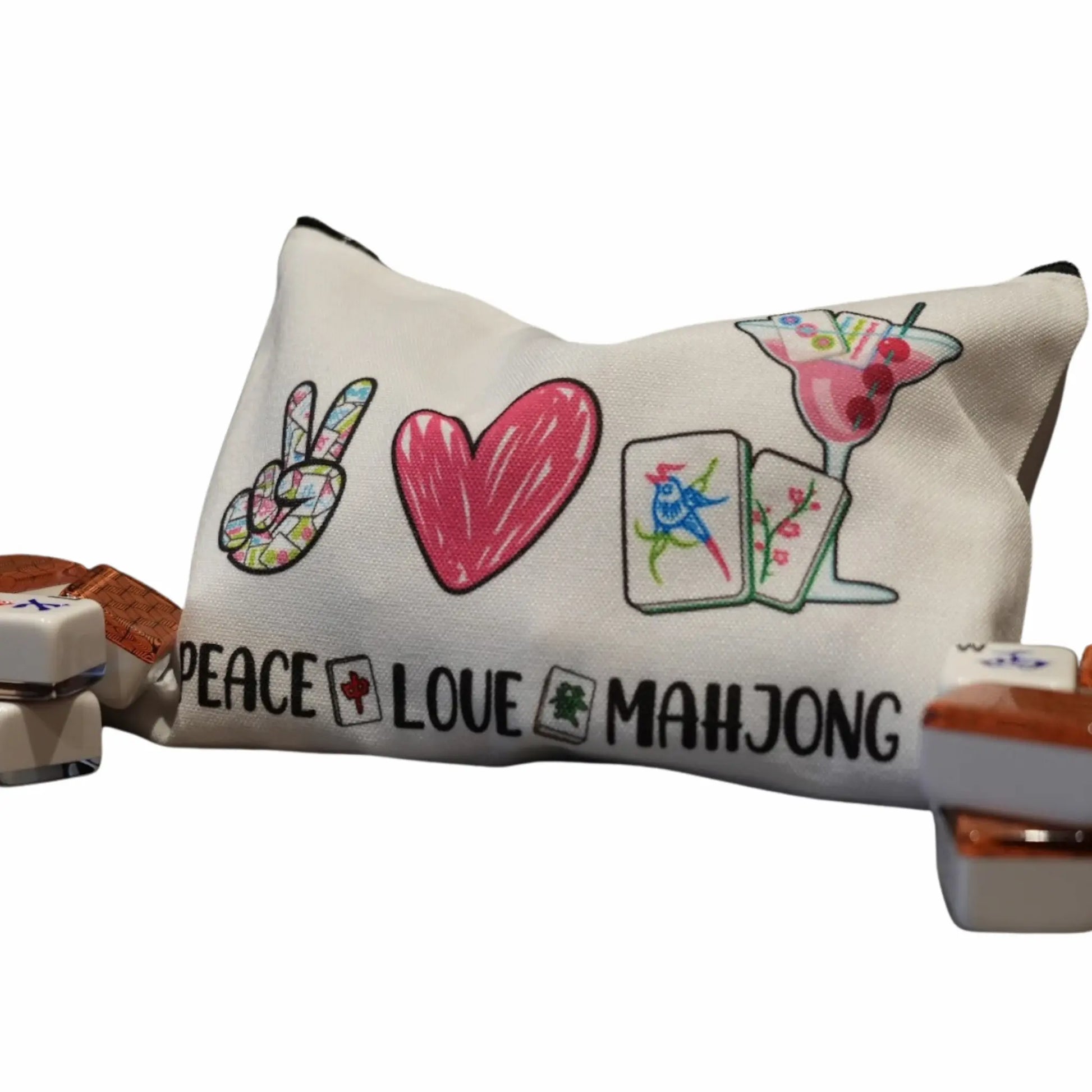 Cosmetic bag with 'Peace Love Mahjong' text and symbols on a white background
