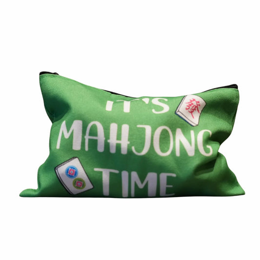 Green Cosmetic bag with 'It's Mahjong Time' text and mahjong tile designs on a white background