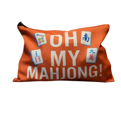 Cosmetic bag with 'OH MY MAHjong!' text and Mahjong character designs on a white background