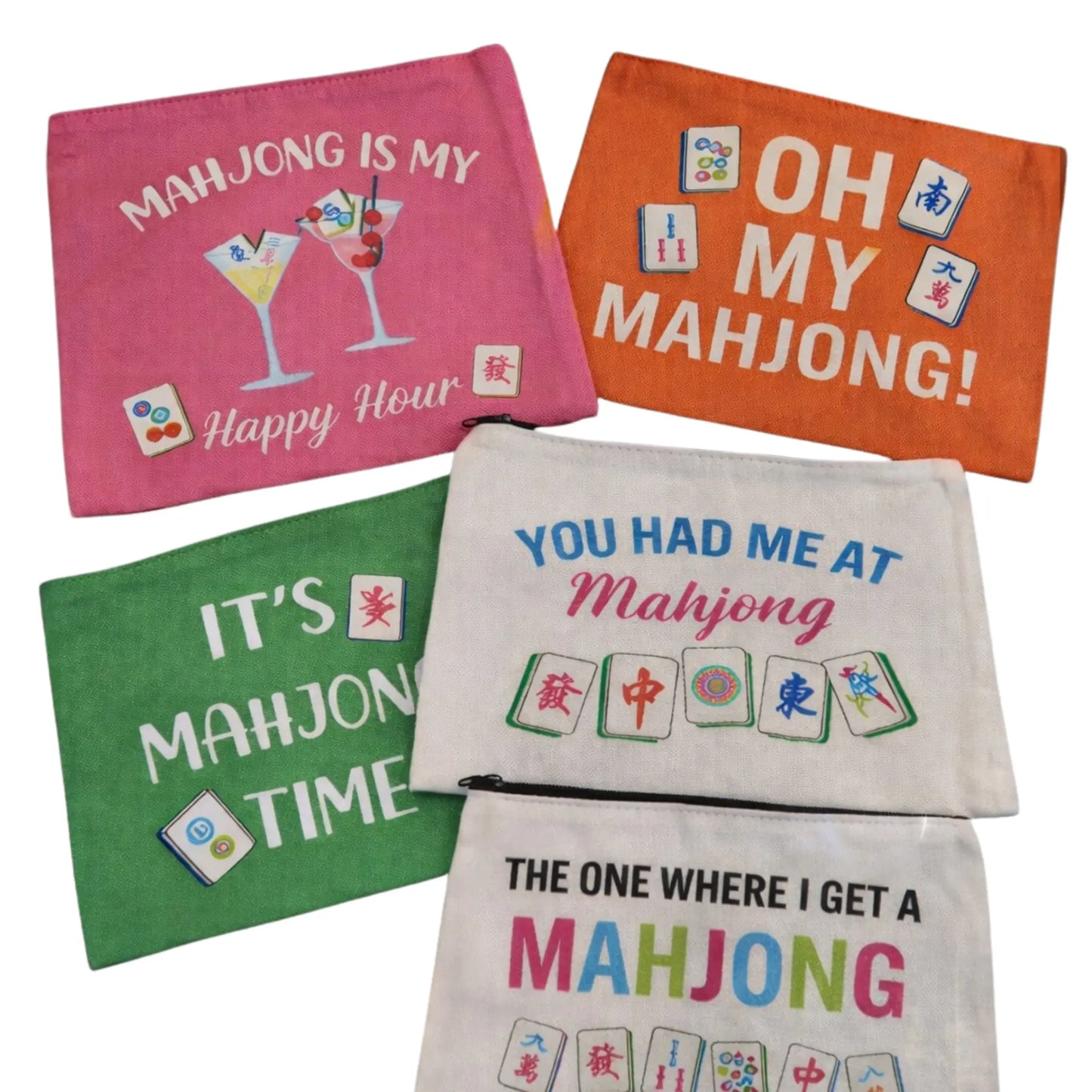 Five colorful bags with Mahjong-themed text and graphics on a white background