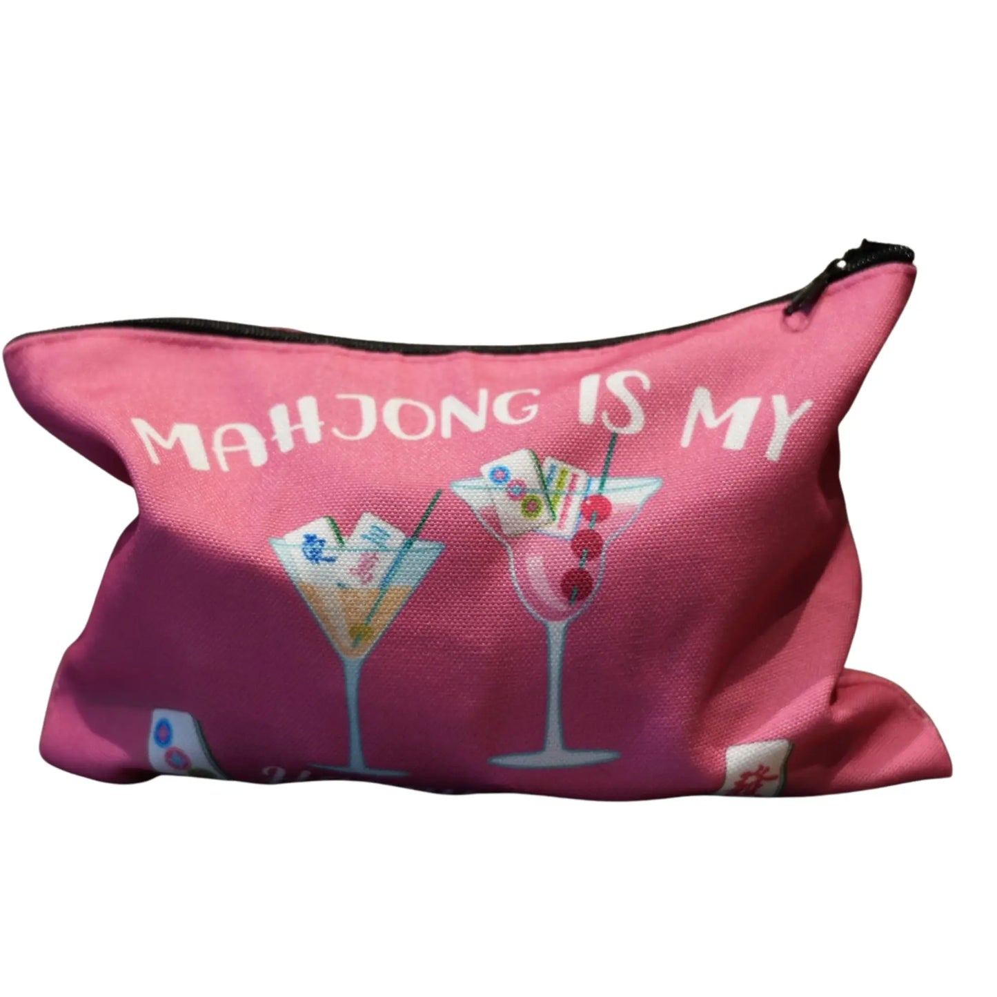 Pink pouch with 'Mahjong is my' text and graphics on a white background