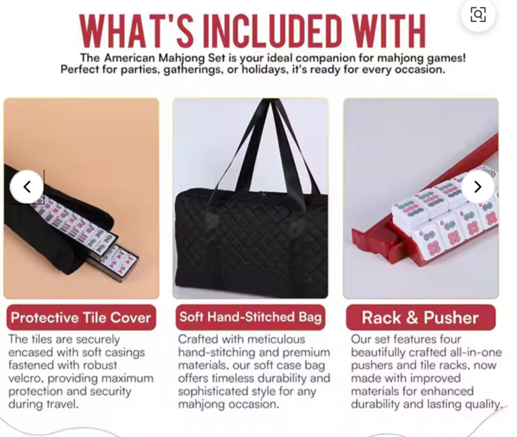 Product page showcasing American Mahjong Set with protective tile cover, soft hand-stitched bag, and rack & pusher.