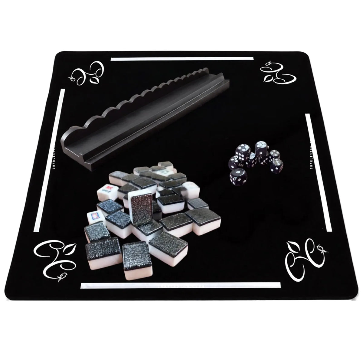 Mah Jongg Black Bundle - Gray Sparkle Tiles (36MM), Black Racks, & Black Mat + FREE Dice