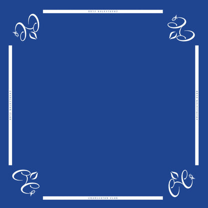 Mah jongg mat with Charleston Club branding and solid blue playing surface
