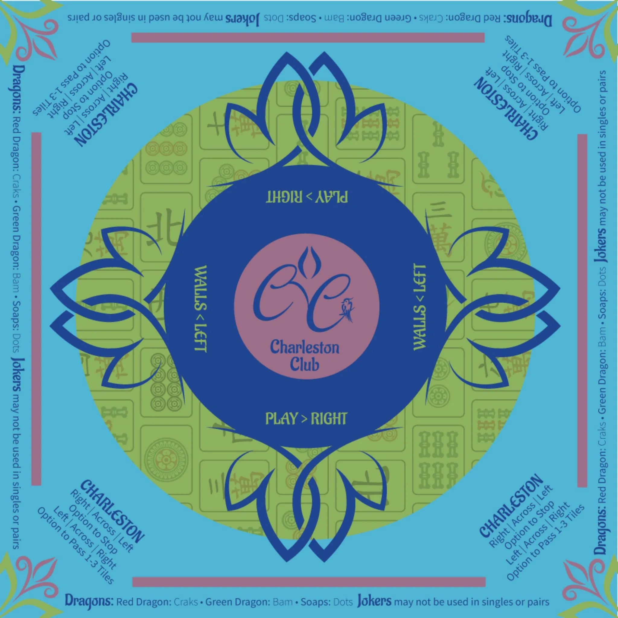 32 by 32 inch Mah Jongg mat with Charleston rules printed on the surface