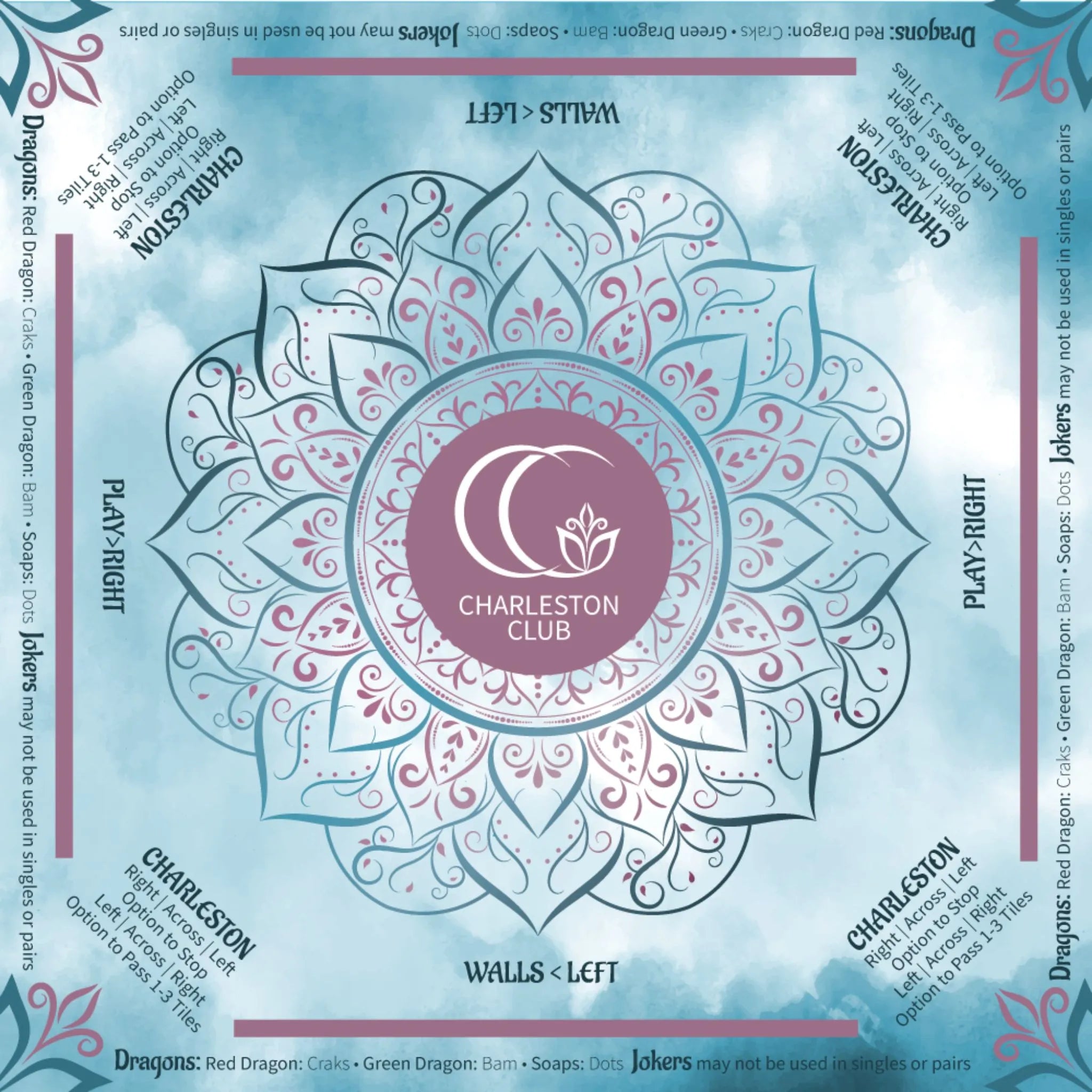 Blue Mah Jongg mat with Charleston rules and mandala-style design