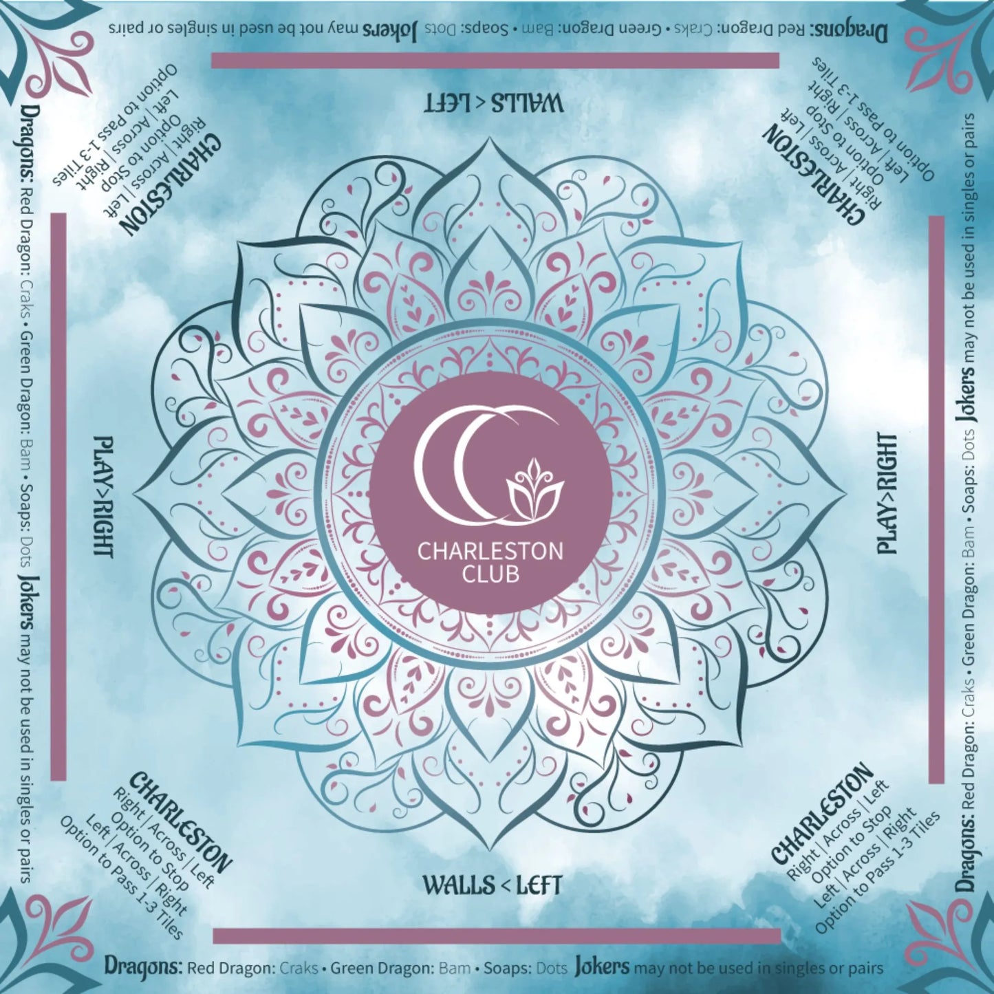 Mah jongg table mat with Charleston rules printed, blue mandala style neoprene mat with directional play guide
