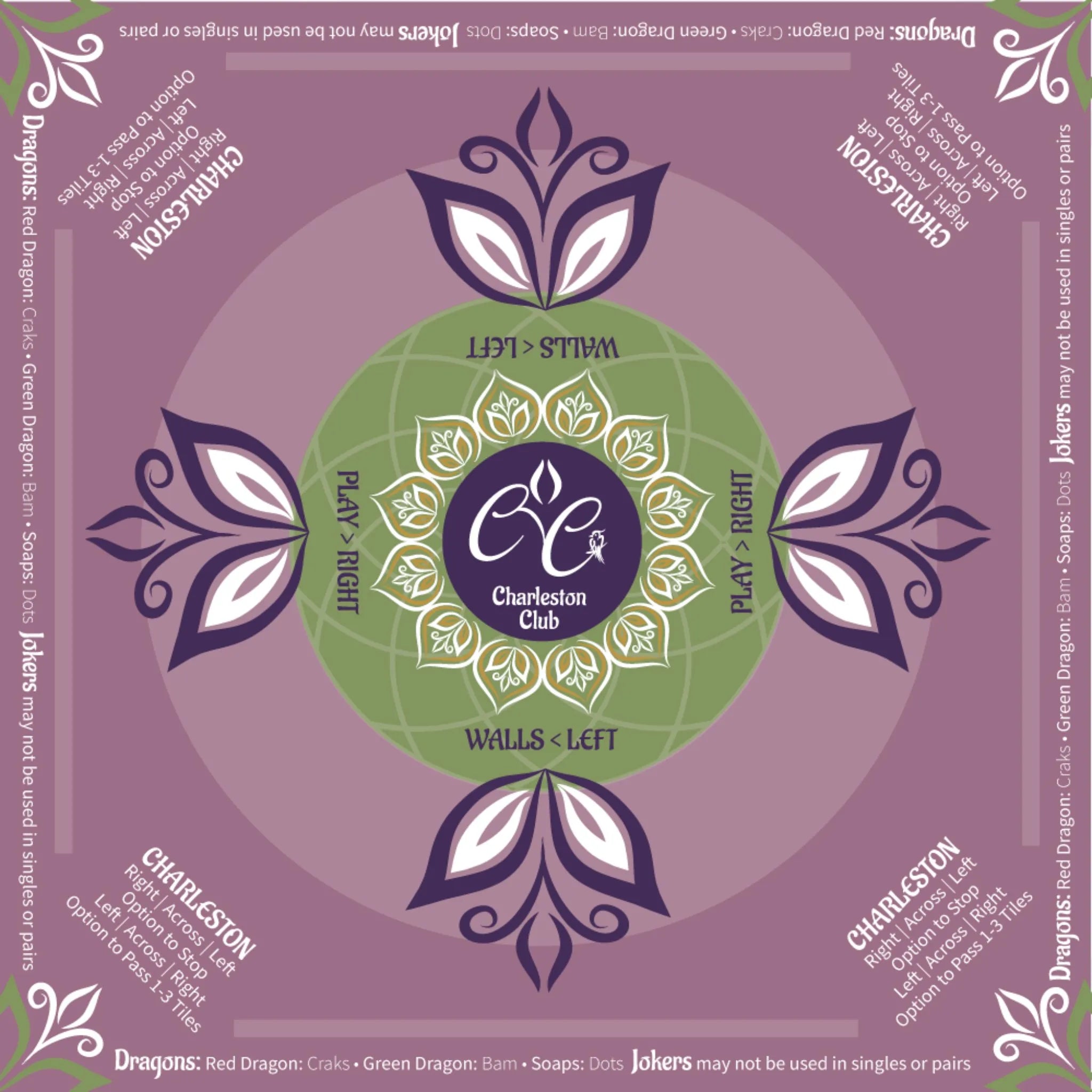 Purple and green Mah Jongg mat with Charleston rules printed around the surface