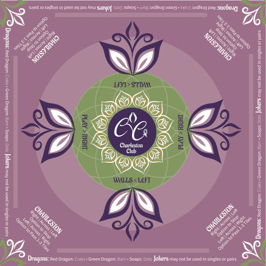 Mah jongg table mat with Charleston rules printed, purple and green square neoprene mat with directional play markings