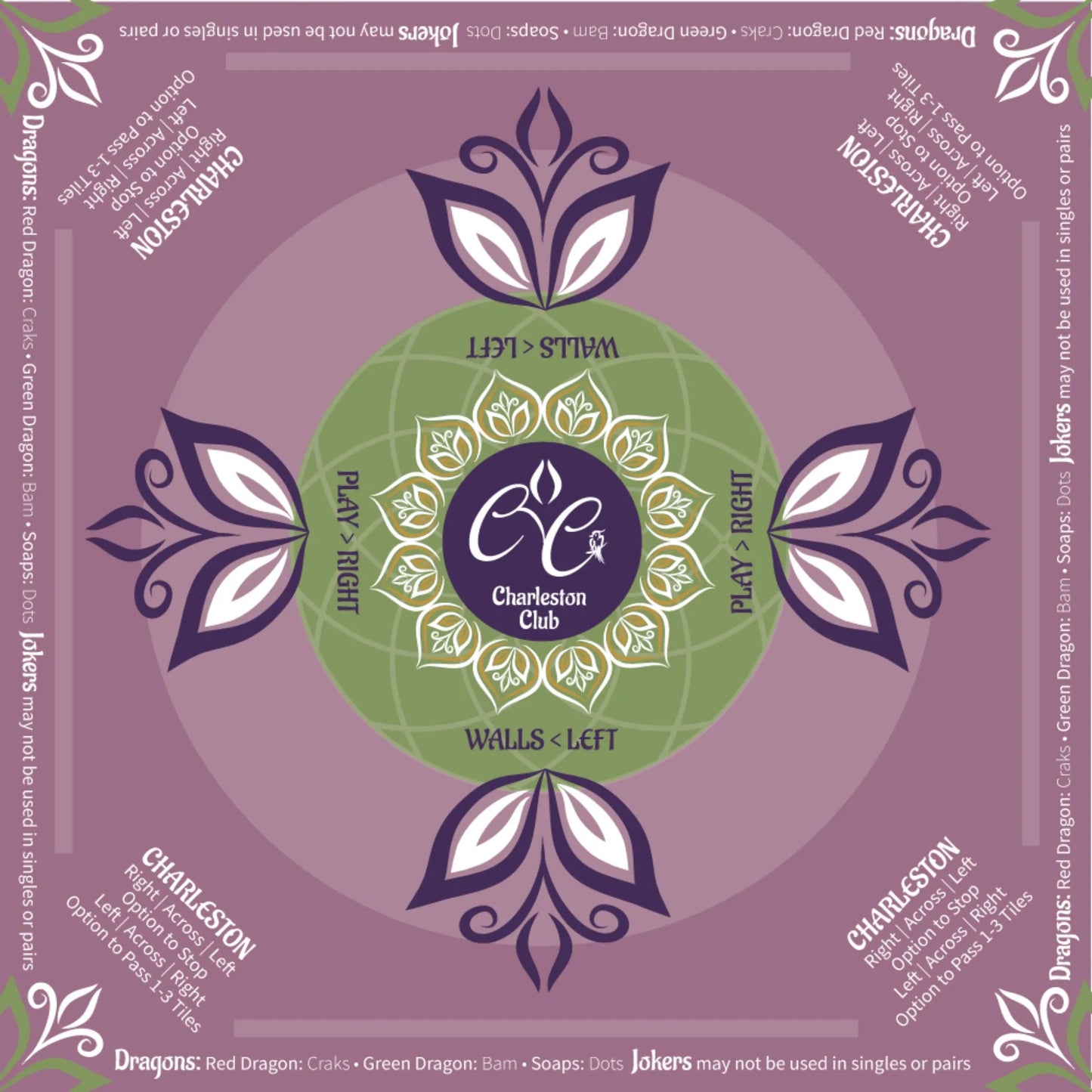 Mah jongg table mat with Charleston rules printed, purple and green square neoprene mat with directional play markings
