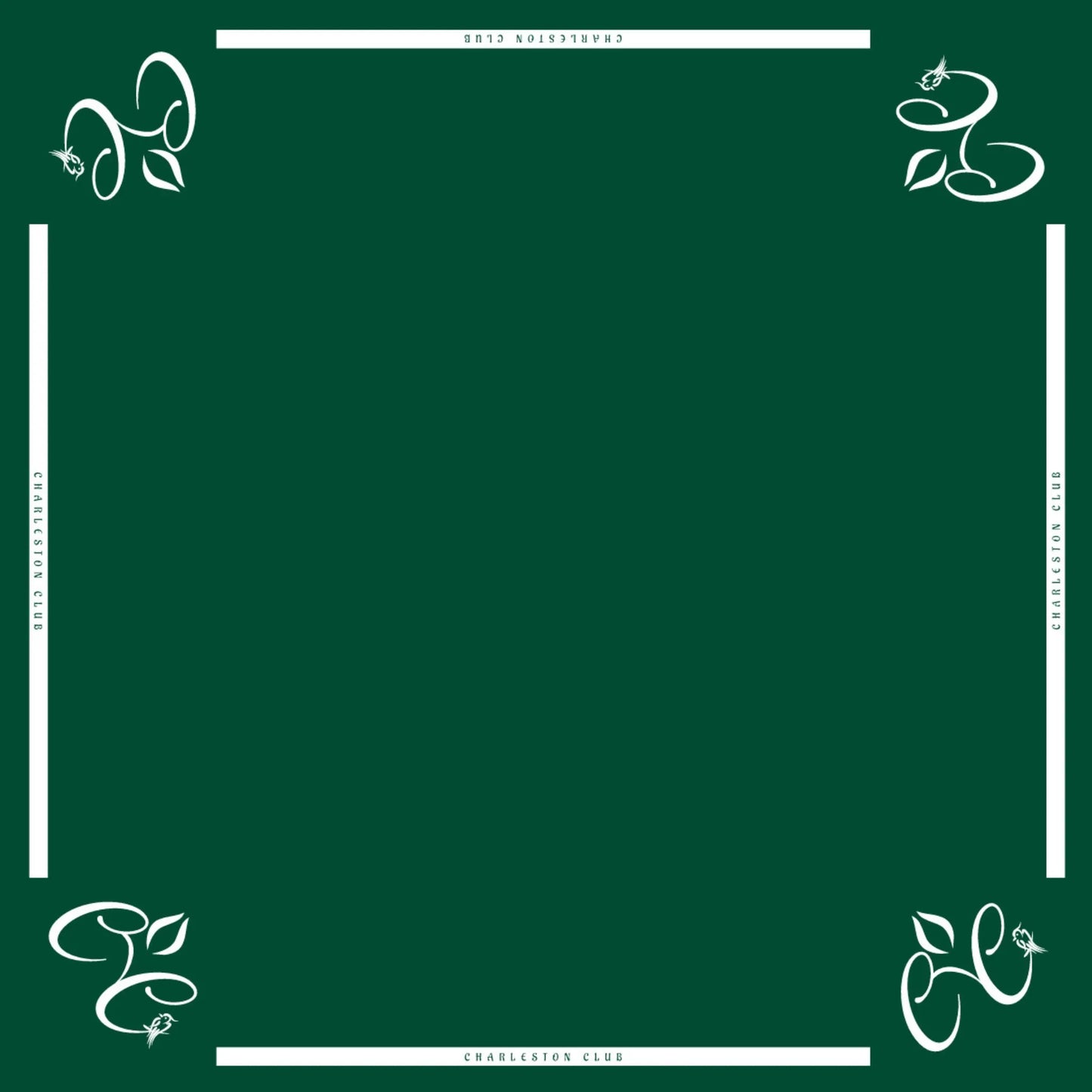 Dark green Charleston Club mahjong table mat with corner logos and non-slip surface