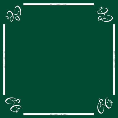 Dark green Charleston Club mahjong table mat with corner logos and non-slip surface