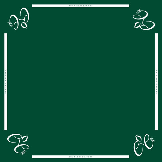Dark green Charleston Club mahjong table mat with corner logos and non-slip surface