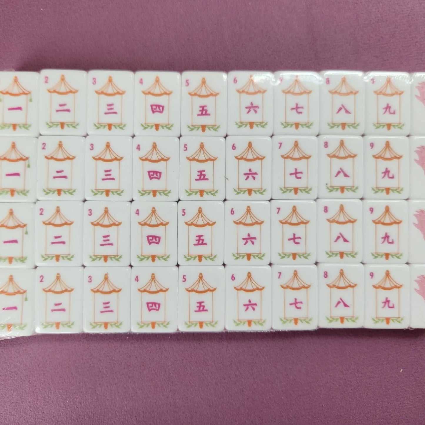 Peach Tea 30MM American mah jongg character suit tiles arranged in complete set with pagoda design