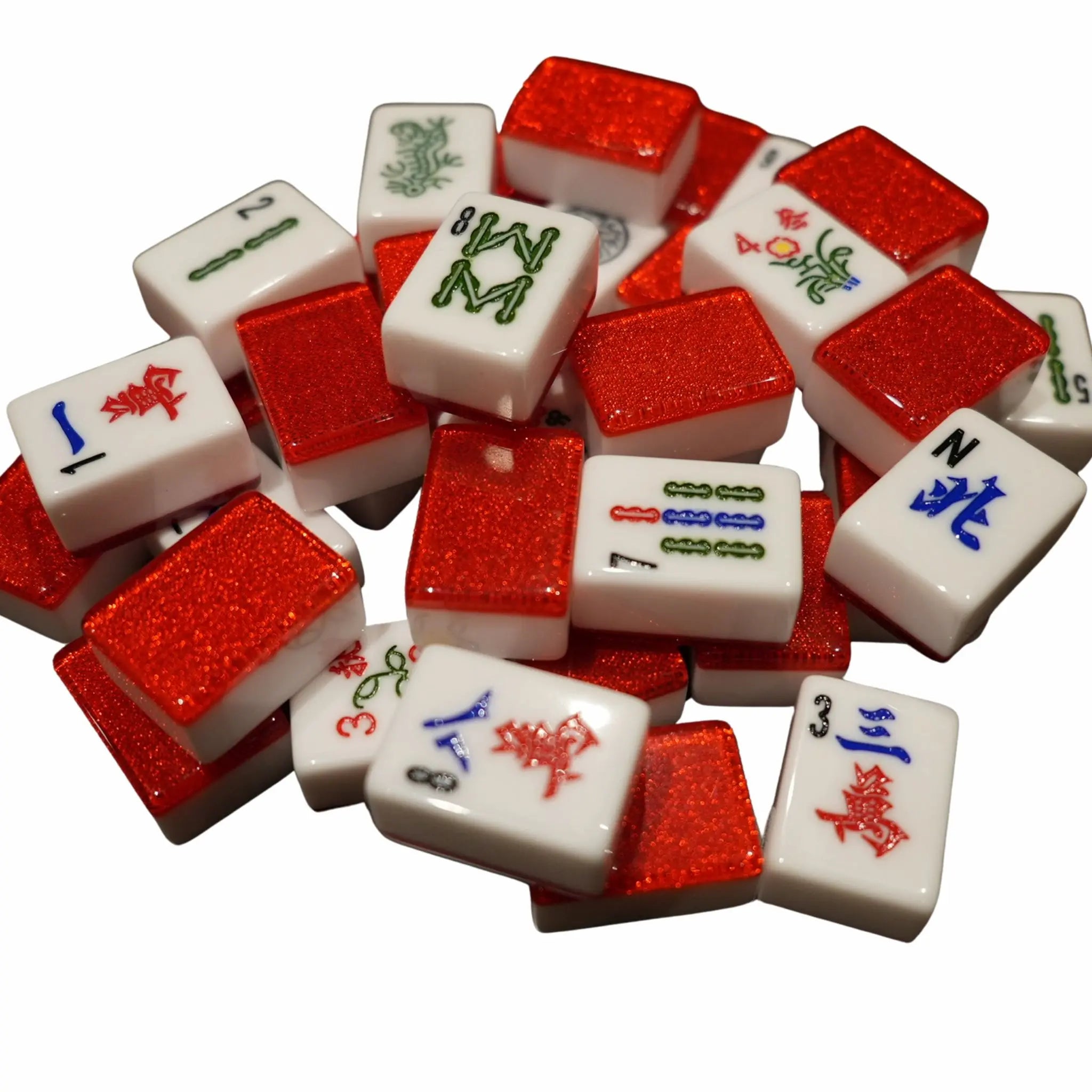 Loose pile of Red Sparkle 36MM automatic Mah Jongg tiles
