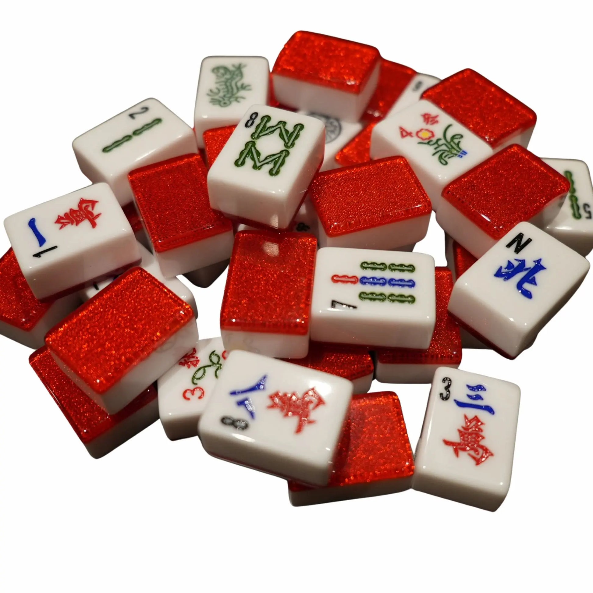 Pile of red and white Mahjong tiles on a white background