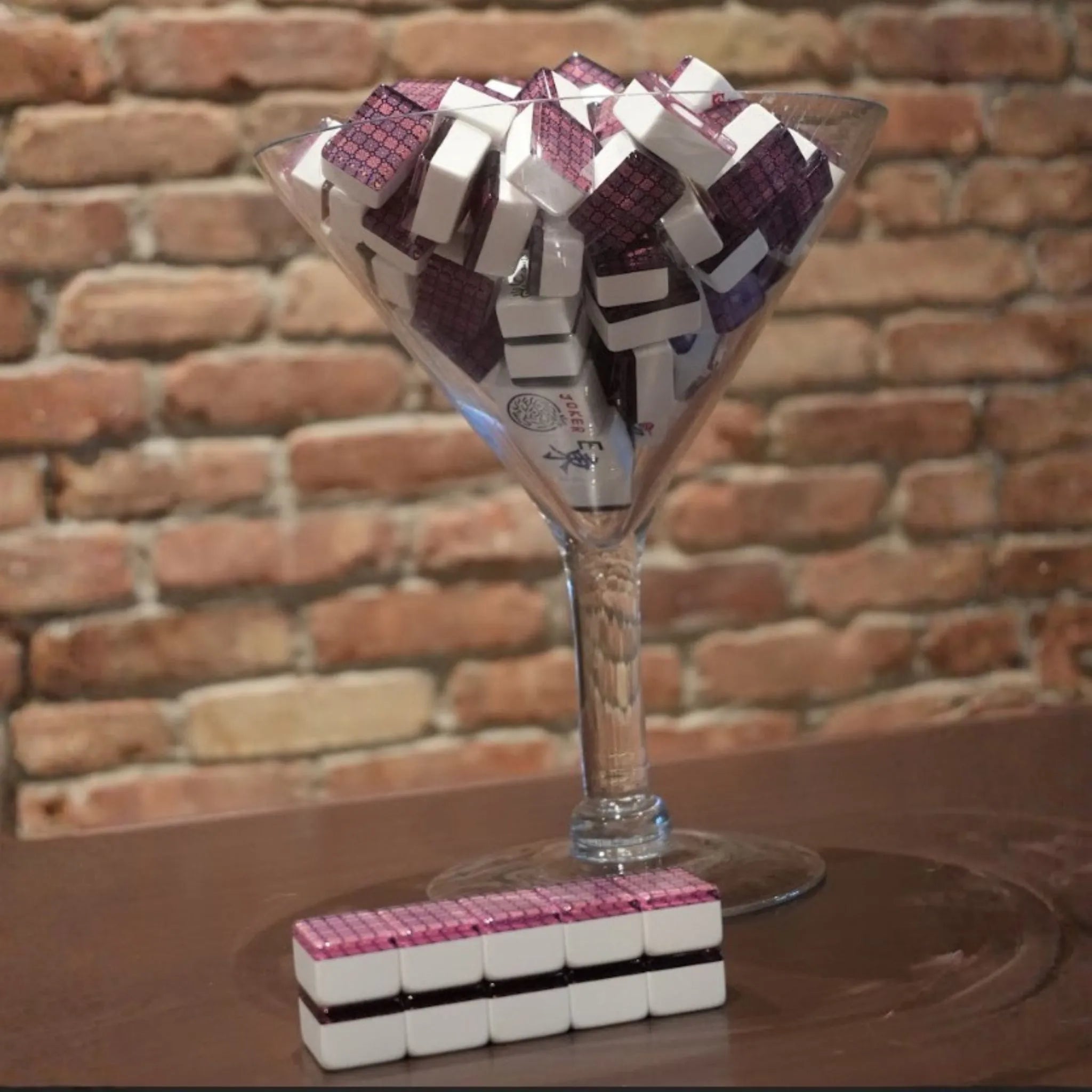 Violet Mosaic 36MM automatic Mah Jongg tiles styled in a martini glass display