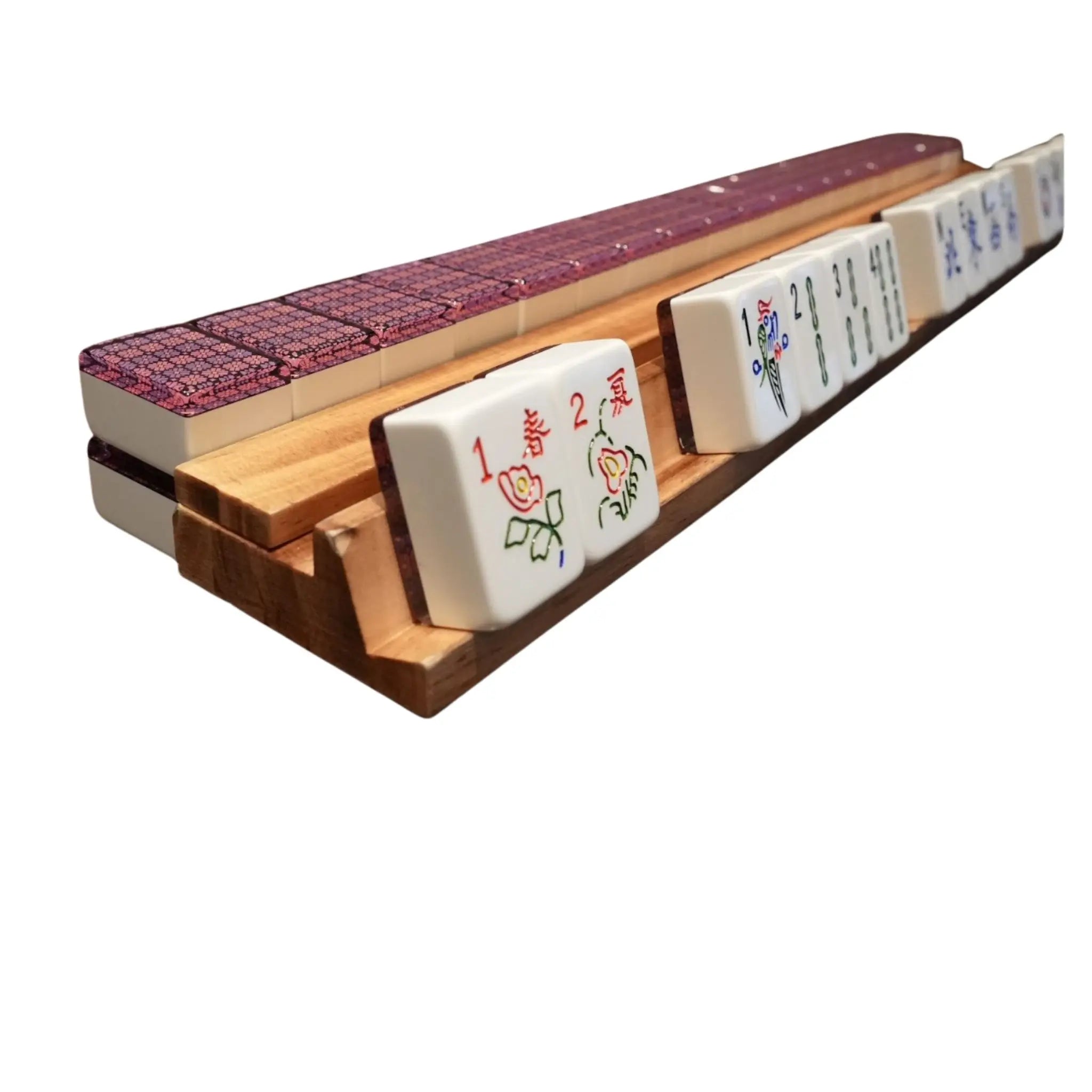 Violet Mosaic 36MM automatic Mah Jongg tiles displayed on a rack during gameplay