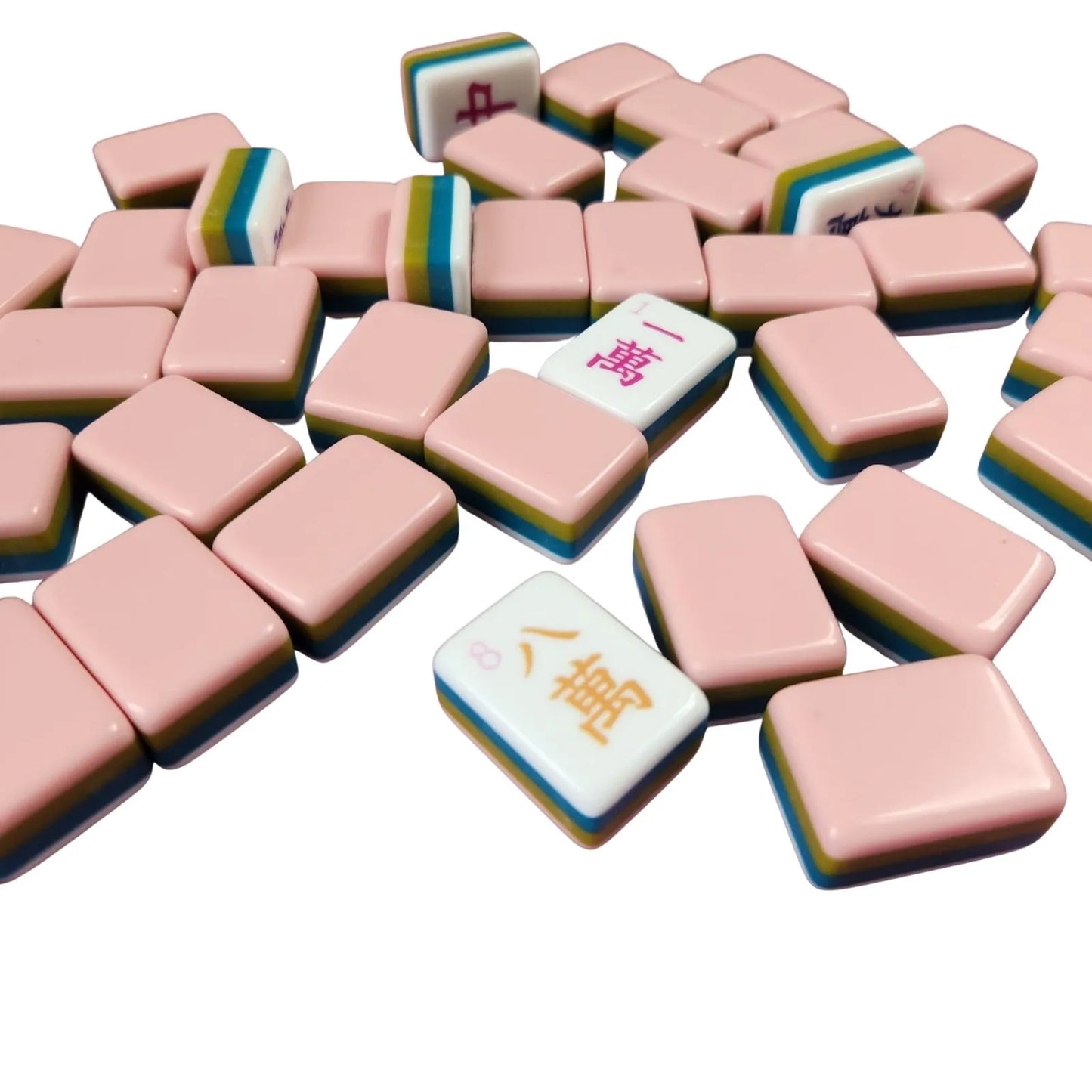 Watermelon 30MM American mah jongg tiles with white backs and Joker tiles displayed