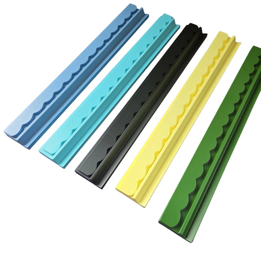 wood racks mahjongg in blue, light blue, black, yellow, and green, arranged diagonally on a white background.